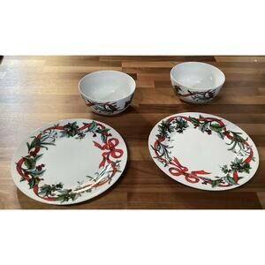 2 Brylane Home Christmas JOLLY TIME Salad Cereal Bowls/2 Salad Plates Ribbon